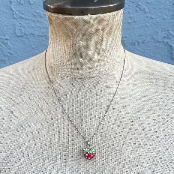 90s Sterling Silver Rhinestone Strawberry Necklace in Sterling Silver Fruit - Picture 2 of 10